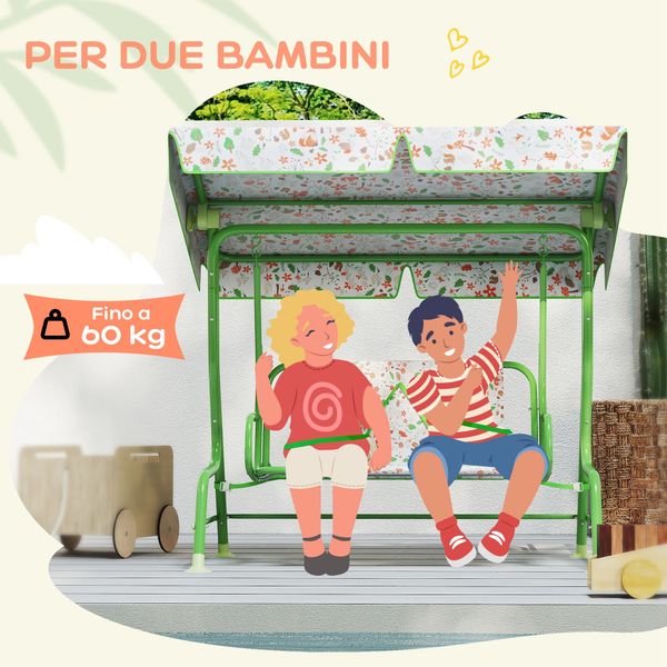 Dondolo per bambini da esterno a 2 posti con tettuccio regolabile e cinture di sicurezza, 112x75x120 cm, verde - 