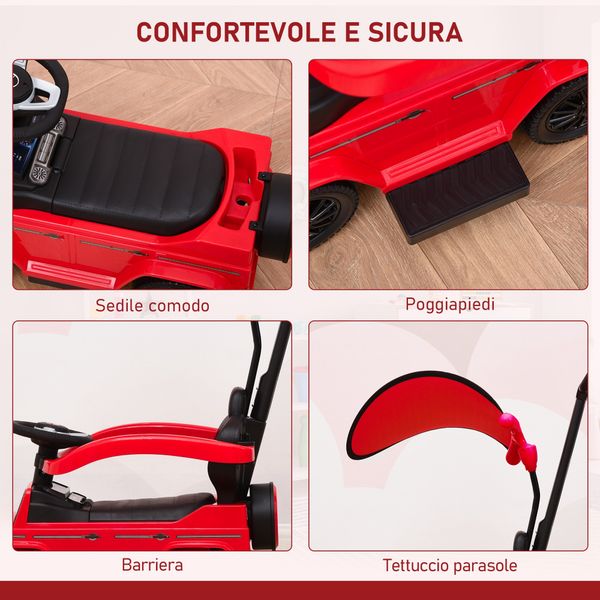 Macchina a spinta per bambini 12-36 mesi con licenza mercedes, tettuccio e maniglia, 85.5x40.5x95 cm, rosso - 