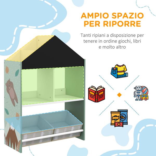 Scaffale portagiochi per bambini con ripiani e cassetti rimovibili, verde - 