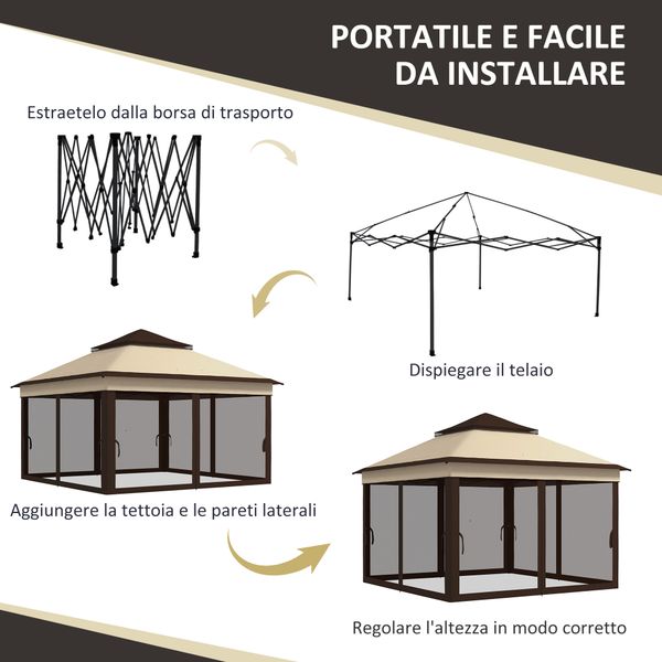 Gazebo 3x3 regolabile su 3 livelli con pareti rimovibili, in acciaio e tessuto oxford, color caffè e beige - 