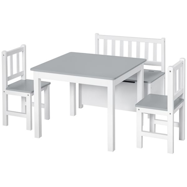 Set tavolo per bambini con 2 sedie e cassapanca in legno per cameretta, bianco e grigio - 