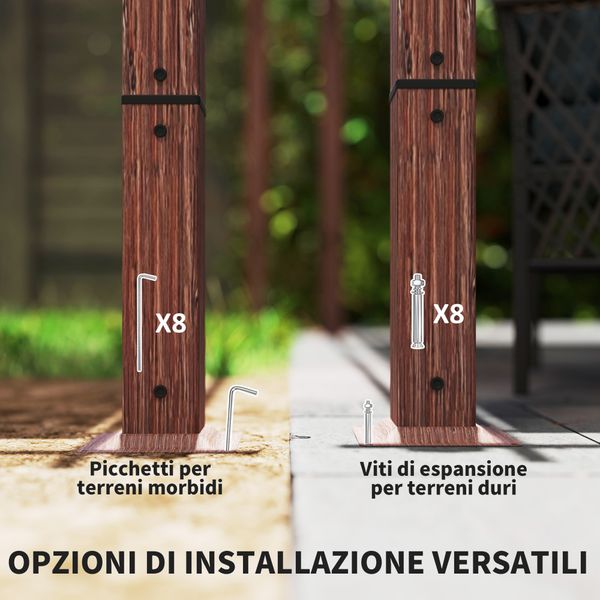 Gazebo pergola con tetto retrattile, picchetti e viti, in poliestere e alluminio, 382x300x232 cm, color legno - 