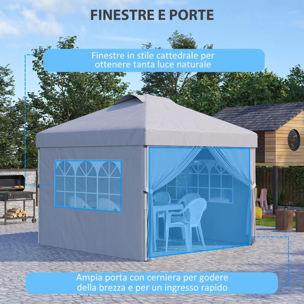 Gazebo pieghevole 3x3 m con altezza regolabile su 3 livelli, finestre e borsa di trasporto, grigio chiaro - 