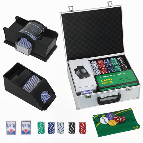 Set poker con 300 fiches, mescolatore e distributore carte, tappetino, 5 dadi, pulsante dealer e valigetta - 