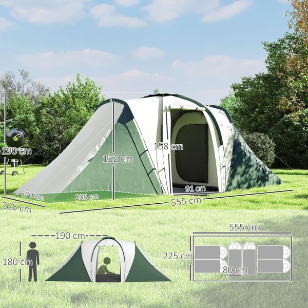 Tenda da campeggio 4-6 persone con 2 camere, in poliestere e fibra di vetro, 555x225x190 cm, grigio e verde - 