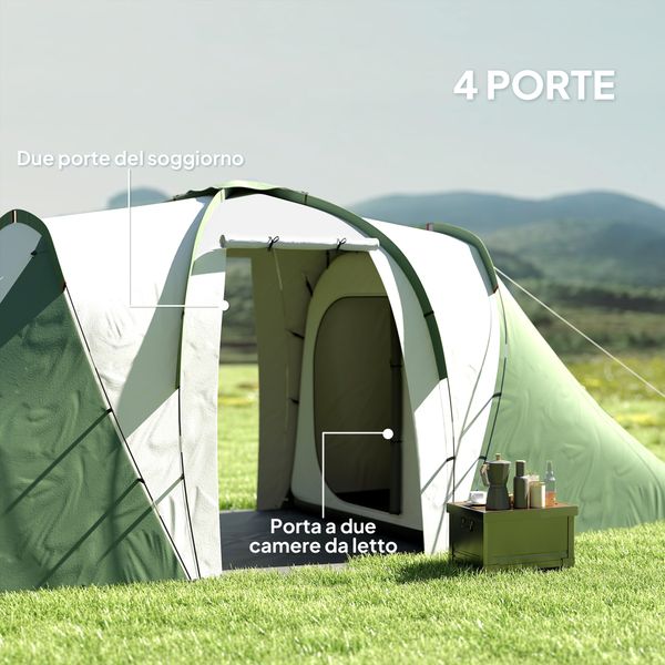 Tenda da campeggio 4-6 persone con 2 camere, in poliestere e fibra di vetro, 555x225x190 cm, grigio e verde - 