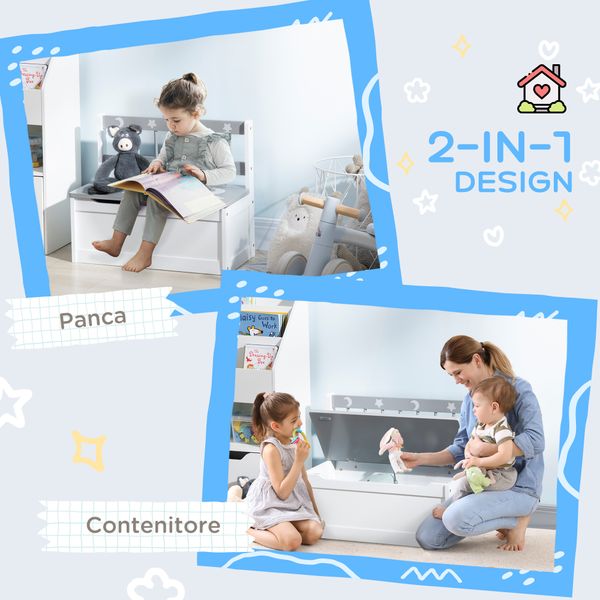 Cassapanca moderna portagiochi con leva a gas, in mdf e legno di pino, 60x30x50 cm, bianco e grigio - 