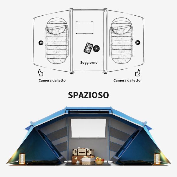 Tenda da campeggio 4 posti con 2 zone notte e borsa da trasporto, 430×240×170 cm, bianco e azzurro - 