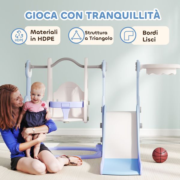 Gioco per bambini 4 in 1 con scivolo, altalena, arrampicata e canestro, 147.5x160x107 cm, azzurro chiaro - 