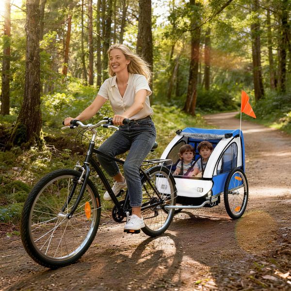Rimorchio bici bambini con 2 posti, 2 cinture di sicurezza, telaio in acciaio e copertura in tessuto oxford blu - 