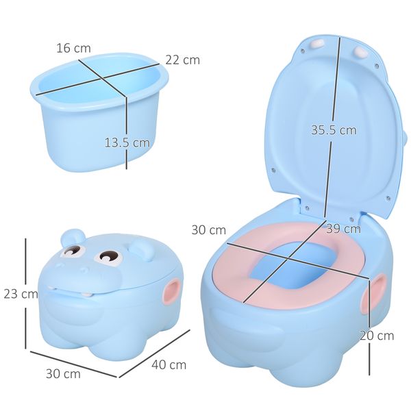 Vasino per bambini 6 mesi-48 mesi antiscivolo ippopotamo blu (40x30x23cm) - 