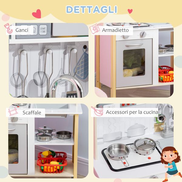 Cucina giocattolo per bambini con altezza regolabile, suoni, luci e utensili, in mdf e pp, 60x30.5x93.2 cm - 