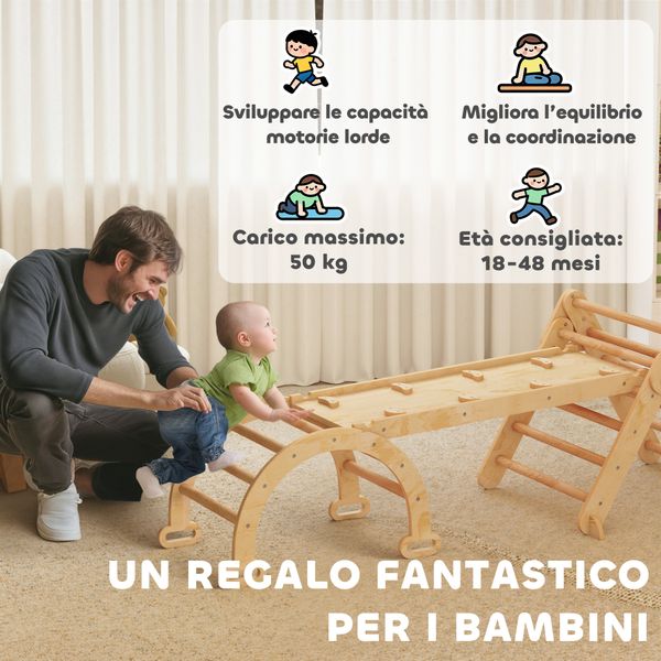 Gioco per bambini 5 in 1 con triangolo, parete liscia e arco, in legno di pioppo e pino, 188x70x59 cm - 