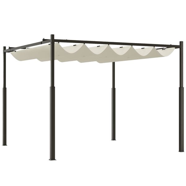 Gazebo pergola 3x3 m con tettuccio retrattile, 8 viti e 8 picchetti, in poliestere 180g e metallo, bianco crema - 