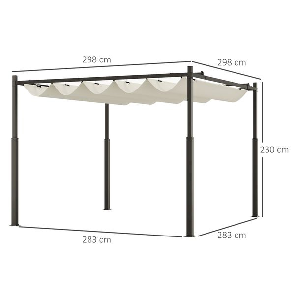 Gazebo pergola 3x3 m con tettuccio retrattile, 8 viti e 8 picchetti, in poliestere 180g e metallo, bianco crema - 