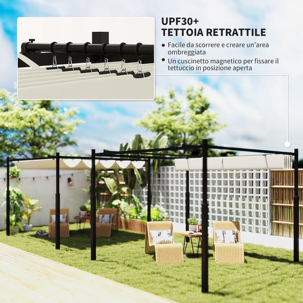 Gazebo pergola 3x3 m con tettuccio retrattile, 8 viti e 8 picchetti, in poliestere 180g e metallo, bianco crema - 