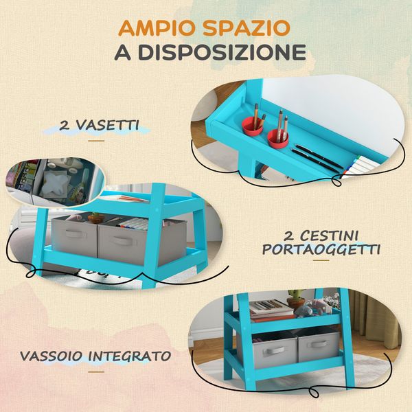 Lavagna per bambini con cavalletto 3 in 1, rotolo di carta e 2 contenitori, in legno, 59x48x118 cm, blu - 