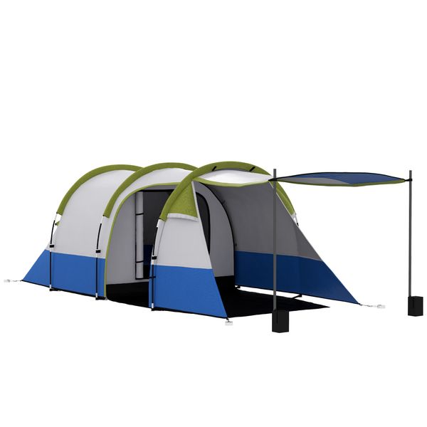 Tenda da campeggio impermeabile con 2 aree e 3 ingressi, in poliestere e fibra di vetro, 420x200x150 cm, verde - 