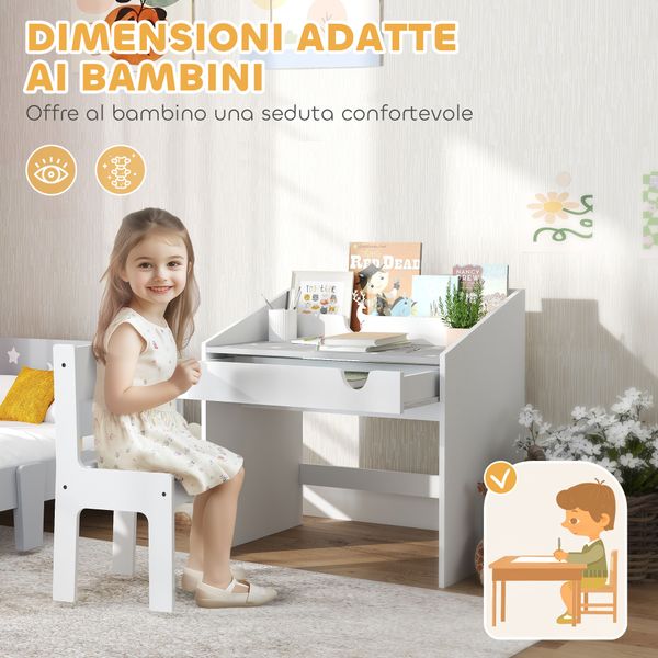 Set sedia e tavolino per bambini 3-6 anni con organizzatore e cassetto estraibile, in legno grigio - 
