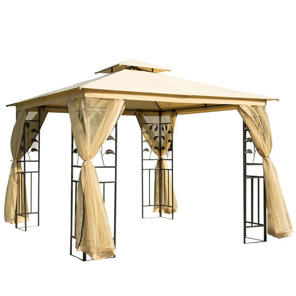 Gazebo da giardino 3x3m con zanzariera, telaio in acciaio e doppio tettuccio, beige - 