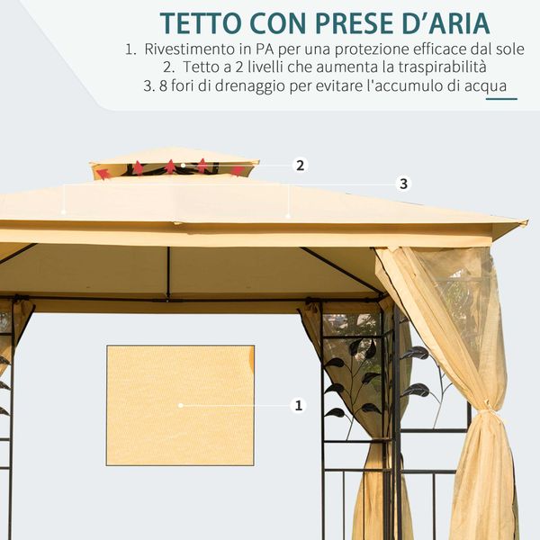 Gazebo da giardino 3x3m con zanzariera, telaio in acciaio e doppio tettuccio, beige - 