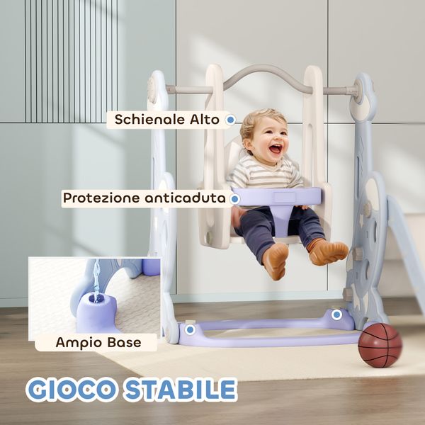 Gioco per bambini 4 in 1 con scivolo, altalena, arrampicata e canestro, 147.5x160x107 cm, azzurro chiaro - 