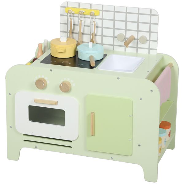 Set cucina giocattolo in legno per bambini da 3+ anni con 15 accessori, verde - 
