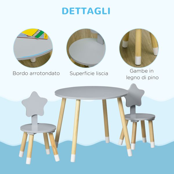 Set tavolo con 2 sedie per bambini in legno, età da 18 mesi a 4 anni, grigio - 