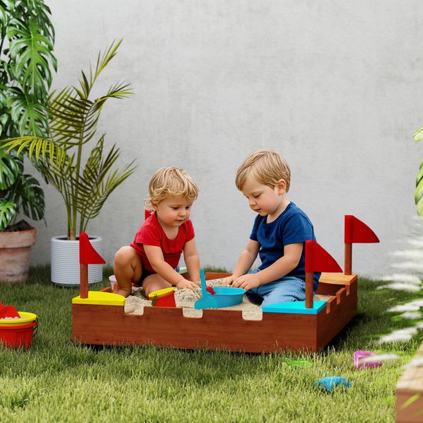 Sabbiera per bambini 3-7 anni a forma di castello con 4 sedute in legno di abete, 90x90x17 cm, multicolore - 