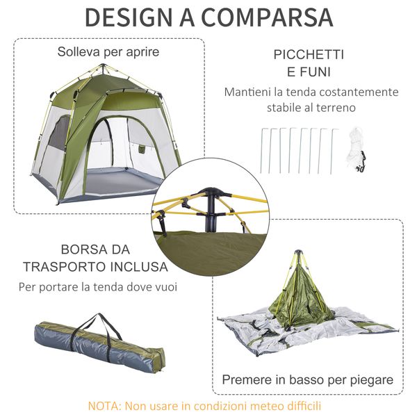 Tenda da campeggio 2 posti pop up con porta a cerniera e 3 finestre, 240x240x199 cm, verde - 