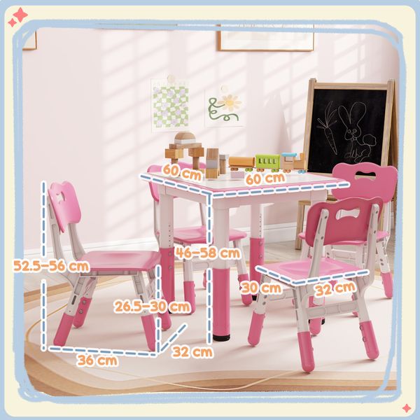 Set tavolo e sedie per bambini 5pz con 4 sedie regolabili 32x36x52.5-56 cm e tavolo 60x60x46-58 cm, rosa - 
