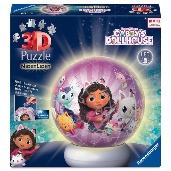 Ravensburger - puzzle ball nightlight gabby's dollhouse, puzzle 3d bambini 6 anni - GABBY'S DOLLHOUSE, RAVENSBURGER
