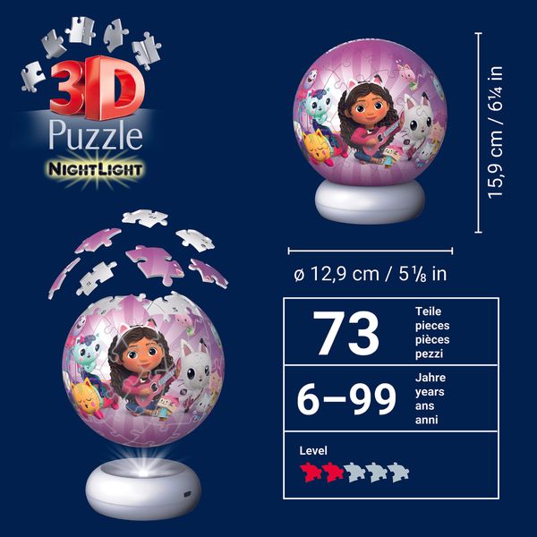 Ravensburger - puzzle ball nightlight gabby's dollhouse, puzzle 3d bambini 6 anni - GABBY'S DOLLHOUSE, RAVENSBURGER