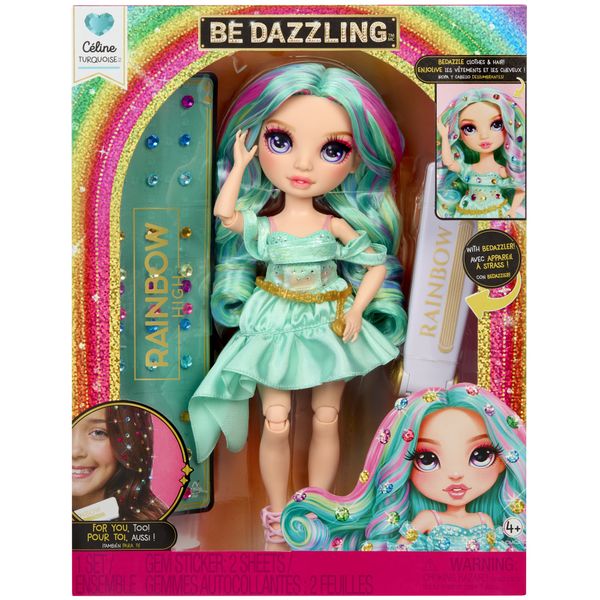 Rainbow high be dazzling - celine turquoise - bambola fashion color verde acqua da 28 cm con decori, gemme scintillanti e accessori per lo styling - Rainbow High