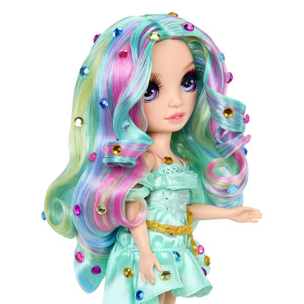 Rainbow high be dazzling - celine turquoise - bambola fashion color verde acqua da 28 cm con decori, gemme scintillanti e accessori per lo styling - Rainbow High
