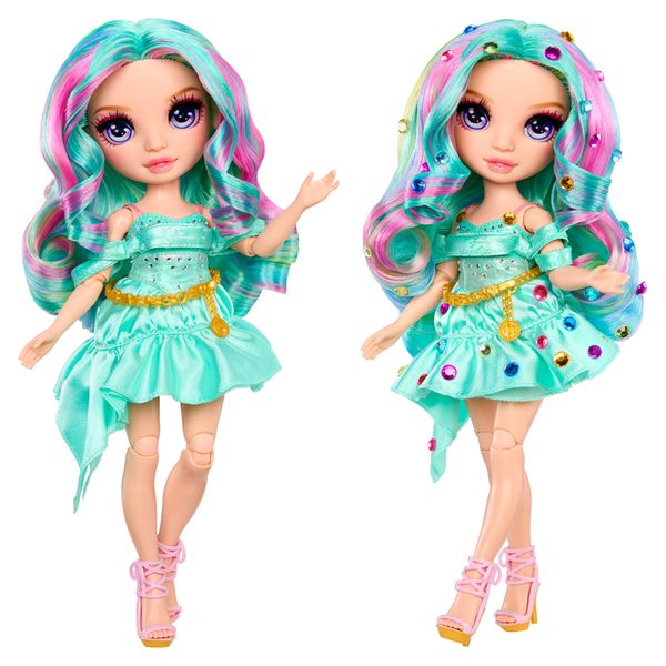 Rainbow high be dazzling - celine turquoise - bambola fashion color verde acqua da 28 cm con decori, gemme scintillanti e accessori per lo styling - Rainbow High