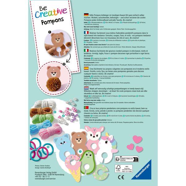 Ravensburger - be creative - be creative midi: ponpon kawaii portachiavi, giochi creativi bambini 4 anni o piú - RAVENSBURGER