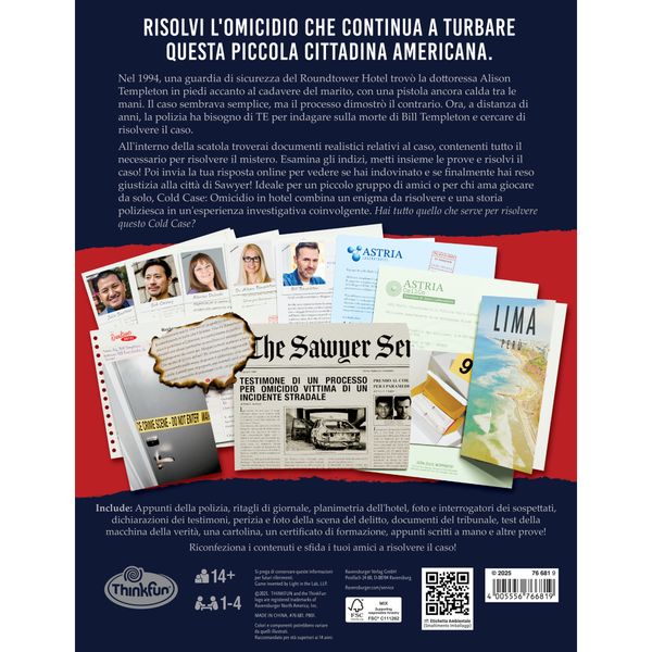 Thinkfun - cold case 5: check in per un omicidio +14 anni, giochi investigativi 1-4 giocatori - RAVENSBURGER