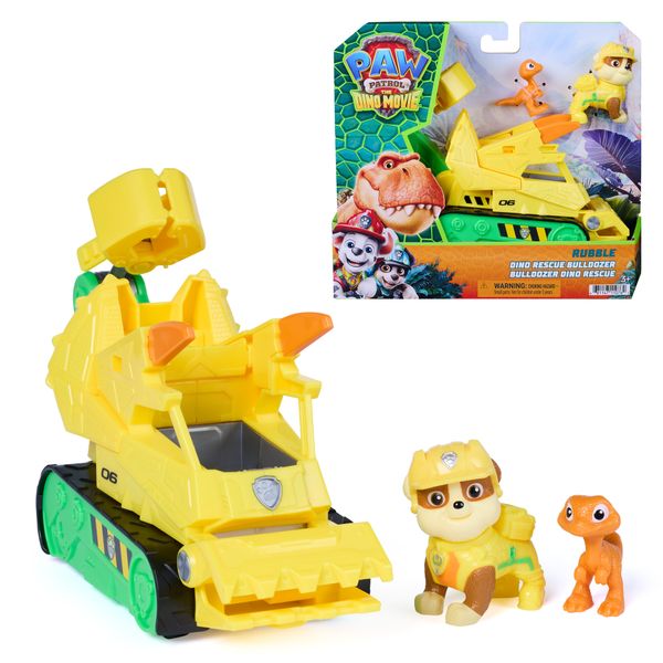 Paw patrol: the dino movie, rubble dino rescue bulldozer con azione triturante e tenaglia articolata, 2 action figure e un veicolo, dai 3 anni in su - Paw Patrol