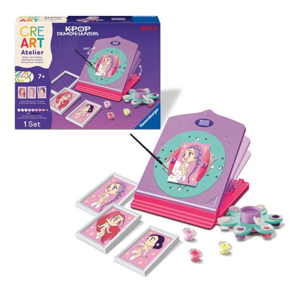 Ravensburger - creart atelier k-pop demon hunters - atelier per dipingere con i numeri 7+ anni, 3 tavole da dipingere, 9 colori acrilici e 3 cornici - NETLFIX, K-POP DEMON HUNTERS