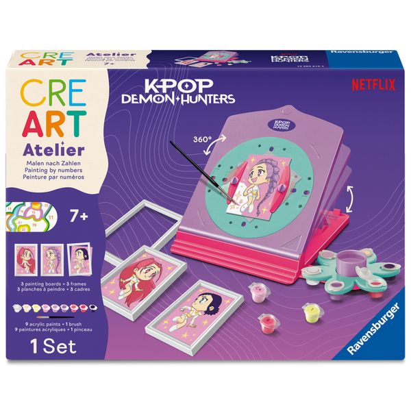 Ravensburger - creart atelier k-pop demon hunters - atelier per dipingere con i numeri 7+ anni, 3 tavole da dipingere, 9 colori acrilici e 3 cornici - NETLFIX, K-POP DEMON HUNTERS