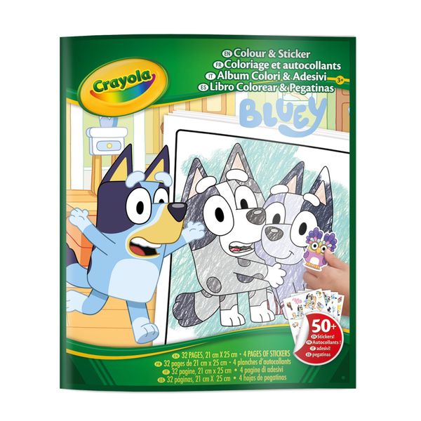 Crayola - album da colorare con sticker bluey, 32 pagine e 4 fogli di adesivi - BLUEY, CRAYOLA