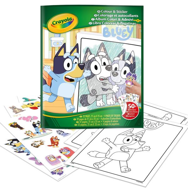 Crayola - album da colorare con sticker bluey, 32 pagine e 4 fogli di adesivi - BLUEY, CRAYOLA