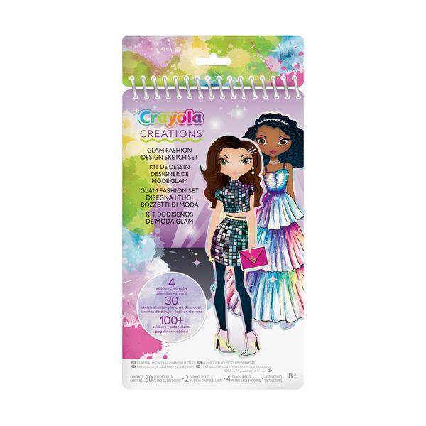 Crayola creations - set da disegno glam fashion, album 30 pagine con 4 stencil e 100+ adesivi - CRAYOLA