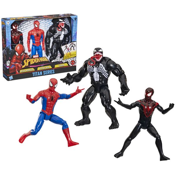 Marvel titan series spider-man, venom e miles morales – confezione da 3 personaggi d'azione - Spiderman