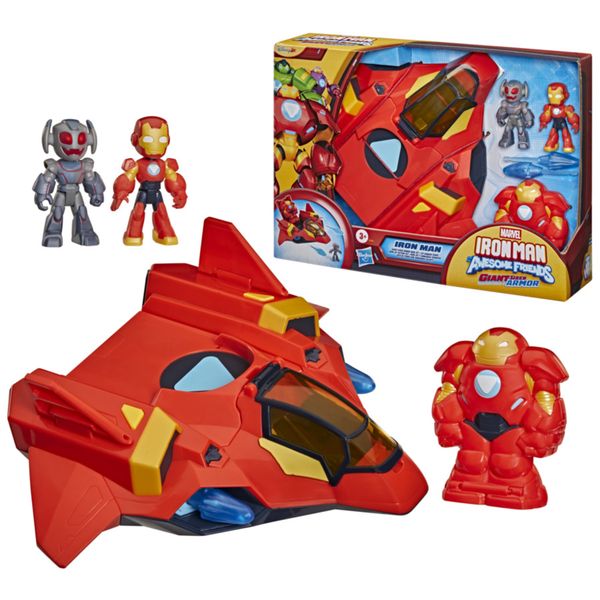 Hasbro, marvel, serie disney jr. "iron man e i suoi fantastici amici", giant-sized armor iron jet, action figure, veicolo giocattolo, dai 3 anni in su - IRON MAN