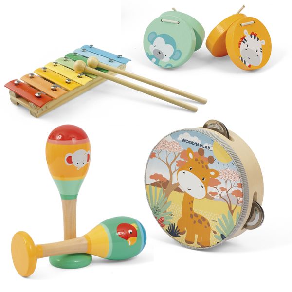 Set musicale della savana – 7 pezzi colorati per bambini  - eco-friendly e divertente - wood ^n^ play - WOOD 'N' PLAY