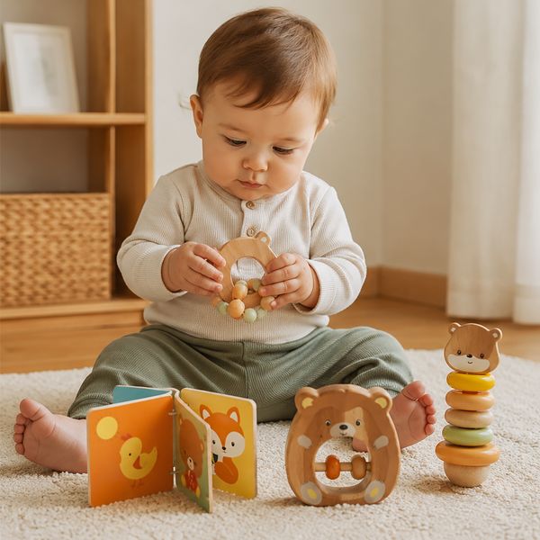 Set bebè 4 attività wood 'n' play - gioco educativo in legno naturale per sviluppo sensoriale - WOOD 'N' PLAY