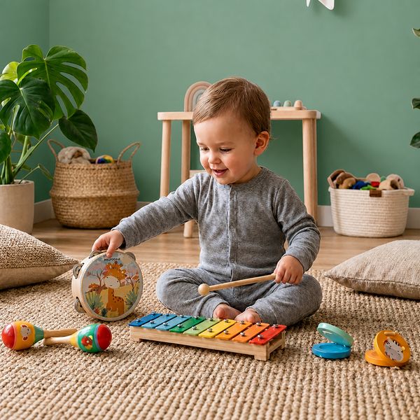 Set musicale della savana – 7 pezzi colorati per bambini  - eco-friendly e divertente - wood ^n^ play - WOOD 'N' PLAY