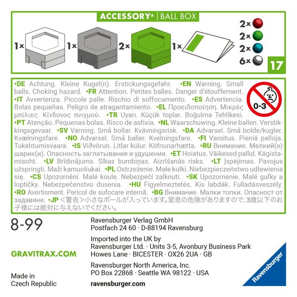 Ravensburger - gravitrax accessory ball box, accessorio 17 pezzi con 12 biglie, 8+ - GRAVITRAX